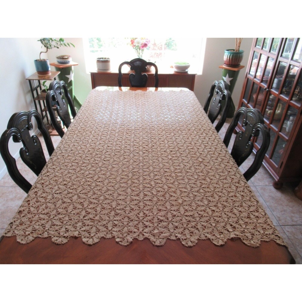 Vintage Handmade Beige CROCHET LACE TABLECLOTH Coverlet Bed Topper 59"x79" - Picture 7 of 14